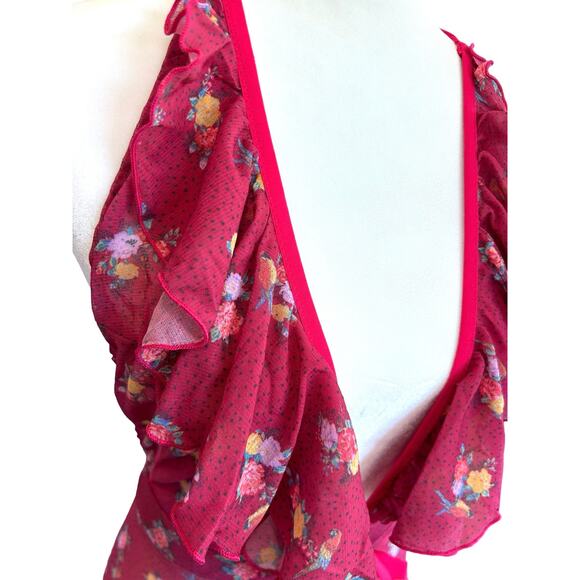 We Are HAH Bodysuit Lingerie Butterfly Red Floral Ruffle‎ Backless Sheer  Small - Picture 6 of 14